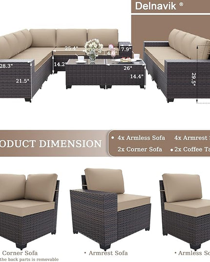 Patio Furniture Set Sofa 12-Pieces Wicker Sectional Sofa Set, Outdoor Furniture Rattan Patio Conversation Set with Thickened Cushions and Glass Coffee Table, Sand - LeafyLoom