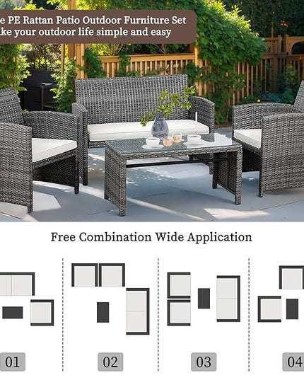 Shintenchi 4-Piece Patio Furniture Set, Outdoor Wicker Patio Conversation Furniture Set with Cushions and Tempered Glass Tabletop for Lawn Backyard Pool Garden,Beige - LeafyLoom