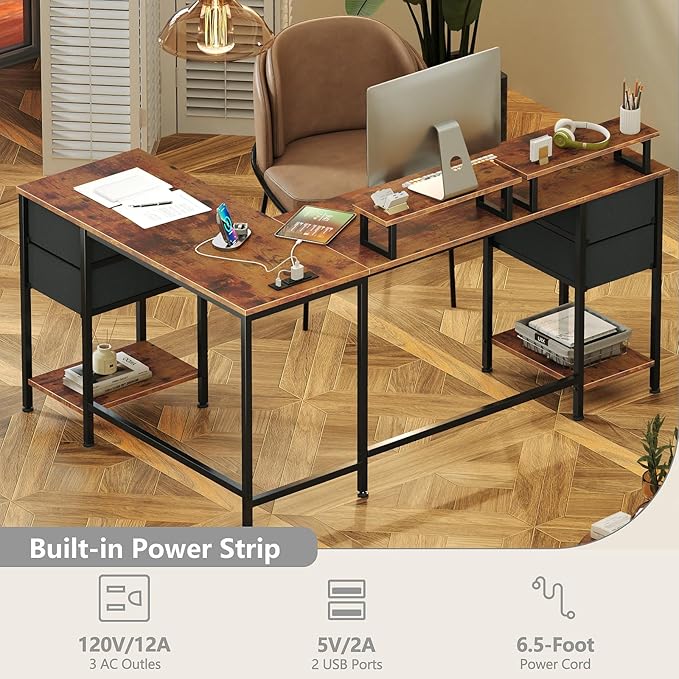 L Shaped Computer Desk with Power Outlets, 59 inch Reversible Home Office Desk with Storage Shelves & 2 Monitor Stands, Gaming Desk with 4 Fabric Drawers for Bedroom, Rustic Brown - LeafyLoom