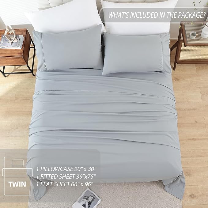 Silky Soft Sheet Set - 3 Piece Cooling Bed Sheets for Twin Size Bed, Extra Deep Pocket Luxury Brushed Sheets, Breathable Hotel Bedding Sheets and Pillowcases, Wrinkle Free Oeko-Tex Sheets - LeafyLoom