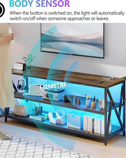 Lvifur LED TV Stand up to 70''Televisions, Farmhouse TV Console Table with RGB 24 Colors Dimmable, Industrial Entertainment Center with Human Body Sensor for Living Room Bedroom - LeafyLoom