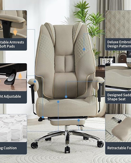 Big and Tall Office Chair 400lbs Wide Seat, Mesh High Back Executive Office Chair with Foot Rest, Ergonomic Office Chair Lumbar Support for Lower Back Pain Relief (Mesh Dark Beige) - LeafyLoom