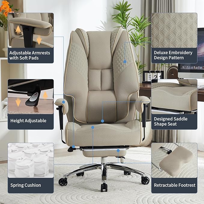 Big and Tall Office Chair 400lbs Wide Seat, Mesh High Back Executive Office Chair with Foot Rest, Ergonomic Office Chair Lumbar Support for Lower Back Pain Relief (Mesh Dark Beige) - LeafyLoom