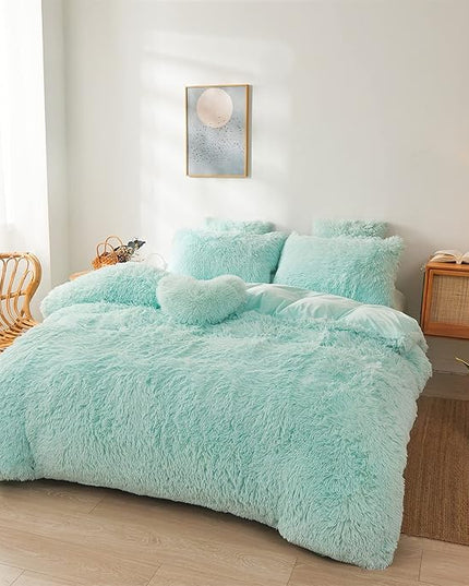 FOPPA Green Comforter Cover Set - Ultra Soft Plush Bedding Sets 3 Pieces (1 Faux Fur Duvet Cover + 2 Faux Fur Pillow case) Green Bed Set(Mint Green, Queen) - LeafyLoom