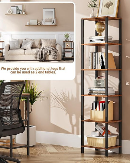 TUTOTAK Bookshelf, 6-Tier Tall Book Shelf, Narrow Bookcase for Small Space, DIY Stackable Bookshelf, for Living Room, Office, Study, Entryway, Industrial, Rustic Brown BS01BB006 - LeafyLoom
