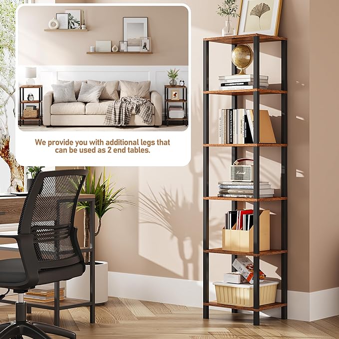 TUTOTAK Bookshelf, 6-Tier Tall Book Shelf, Narrow Bookcase for Small Space, DIY Stackable Bookshelf, for Living Room, Office, Study, Entryway, Industrial, Rustic Brown BS01BB006 - LeafyLoom