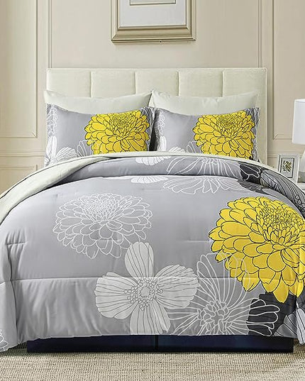 7 Pieces Bed in a Bag Comforter Set Yellow Floral Comforter Flowers Soft Microfiber Bedding Set King Size (1 Comforter 1 Flat Sheet 1 Fitted Sheet 2 Pillowshams 2 Pillowcases) - LeafyLoom