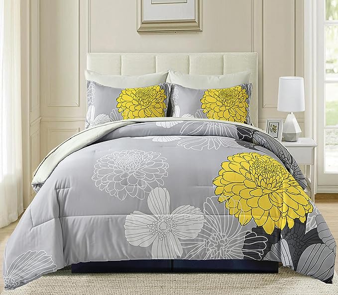 7 Pieces Bed in a Bag Comforter Set Yellow Floral Comforter Flowers Soft Microfiber Bedding Set King Size (1 Comforter 1 Flat Sheet 1 Fitted Sheet 2 Pillowshams 2 Pillowcases) - LeafyLoom