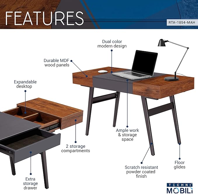Techni Mobili 59" W x 57.3" D x 30" H 2-Tone L-Shaped Desk and Mahogany Expandable Storage Writing Desk Bundle - LeafyLoom
