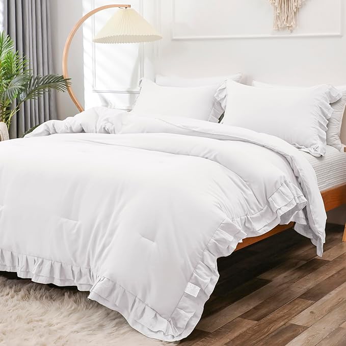 White Double Ruffle Comforter Set Queen Size (90x90 Inch), 3 Pcs Farmhouse Vintage Comforter Set (1 Ruffled Comforter and 2 Pillowcase), Rustic All Season Down Alternative Bedding Set - LeafyLoom