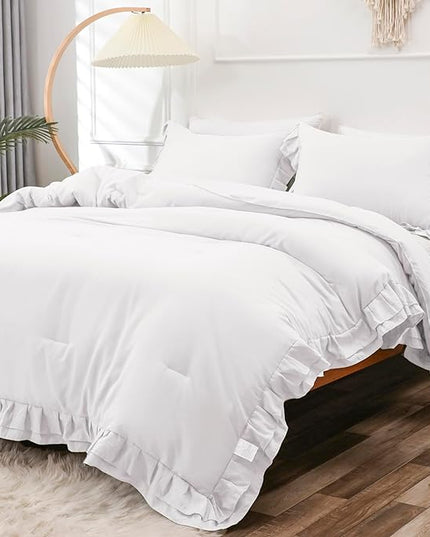 White Double Ruffle Comforter Set King Size (104x90 Inch), 3 Pcs Farmhouse Vintage Comforter Set (1 Ruffled Comforter and 2 Pillowcase), Rustic All Season Down Alternative Bedding Set - LeafyLoom