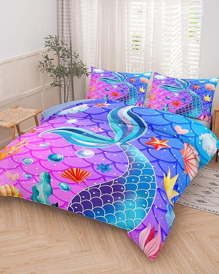 NINENINE Mermaid Tail Bedding Sets for Teens Girls,Purple Princess Comforter Sets Girls,Blue Glitter Bedding Sets,Sparkly Fish Scales Comforter Sets with 1 Comforter 2Pillowcases - LeafyLoom