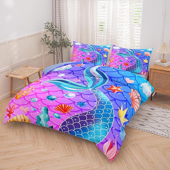 NINENINE Mermaid Tail Bedding Sets for Teens Girls,Purple Princess Comforter Sets Girls,Blue Glitter Bedding Sets,Sparkly Fish Scales Comforter Sets with 1 Comforter 2Pillowcases - LeafyLoom