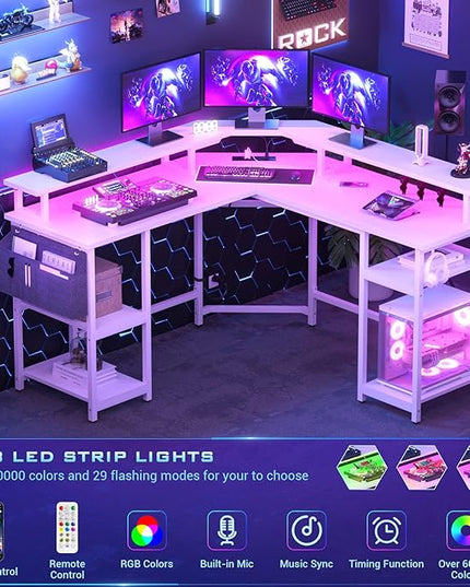 Aheaplus L Shaped Gaming Desk with Power Outlets & LED Lights, Computer Corner Desk with Monitor Stand and Storage Shelf, Home Office Writing Desk with Storage Bag, White - LeafyLoom
