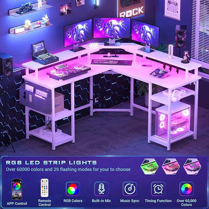Aheaplus L Shaped Gaming Desk with Power Outlets & LED Lights, Computer Corner Desk with Monitor Stand and Storage Shelf, Home Office Writing Desk with Storage Bag, White - LeafyLoom