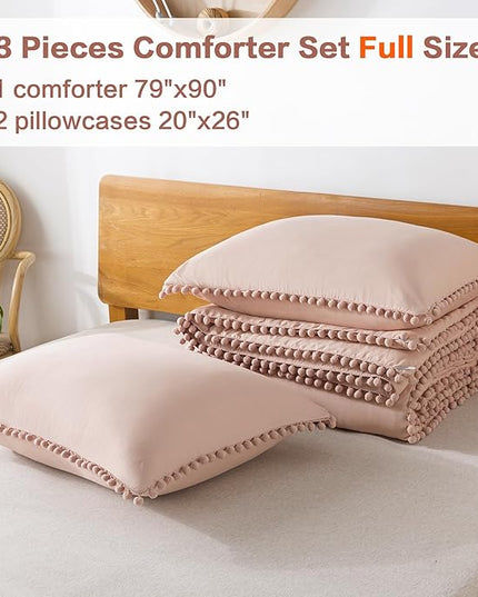 Litanika Comforter Full Size Set Pink,3 Pieces Blush Boho Pom Pom Lightweight Bed Comforter Full,All Season Solid Color Bedding Comforter Sets for Girls (1 Comforter 79x90 Inch, 2 Pillowcases) - LeafyLoom
