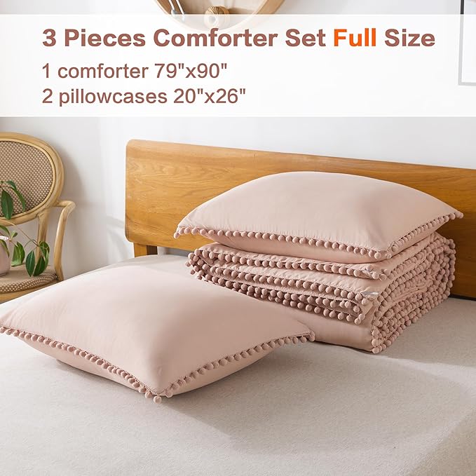 Litanika Comforter Full Size Set Pink,3 Pieces Blush Boho Pom Pom Lightweight Bed Comforter Full,All Season Solid Color Bedding Comforter Sets for Girls (1 Comforter 79x90 Inch, 2 Pillowcases) - LeafyLoom