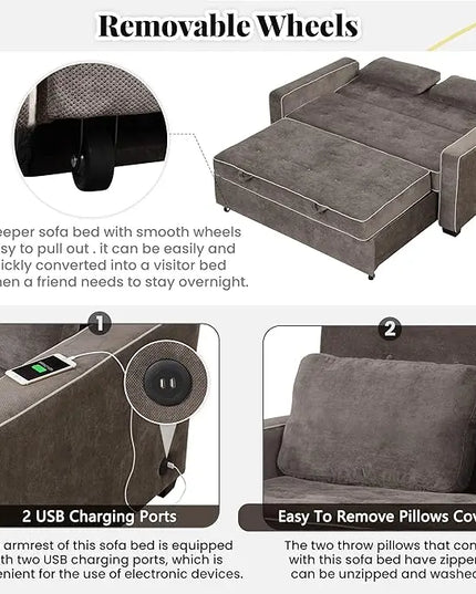 3 in 1 Multi-Functional Pull Out Sofa Bed , Linen Upholstered Convertible Sleeper Loveseat Couch Guest Daybed with Adjustable Backrest and Dual USB Charging Port for Living Room Office RV Furniture - LeafyLoom