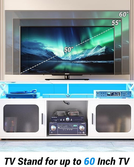 Aheaplus TV Stand for 55 60 Inch TV, Entertainment Center with LED Light & Charging Station, TV Console Table, Large Media Console Cabinet w/Soundbar Shelf, Cord Holes, for Living Room, Bedroom, White - LeafyLoom