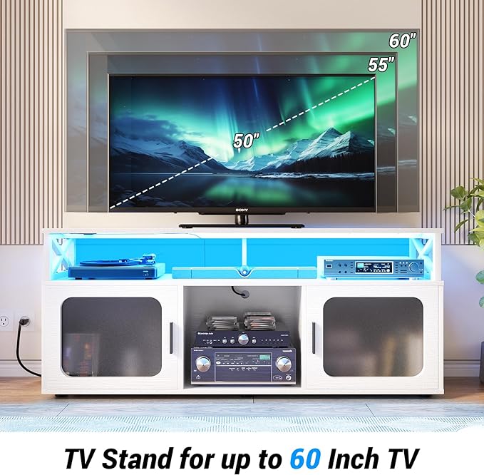 Aheaplus TV Stand for 55 60 Inch TV, Entertainment Center with LED Light & Charging Station, TV Console Table, Large Media Console Cabinet w/Soundbar Shelf, Cord Holes, for Living Room, Bedroom, White - LeafyLoom