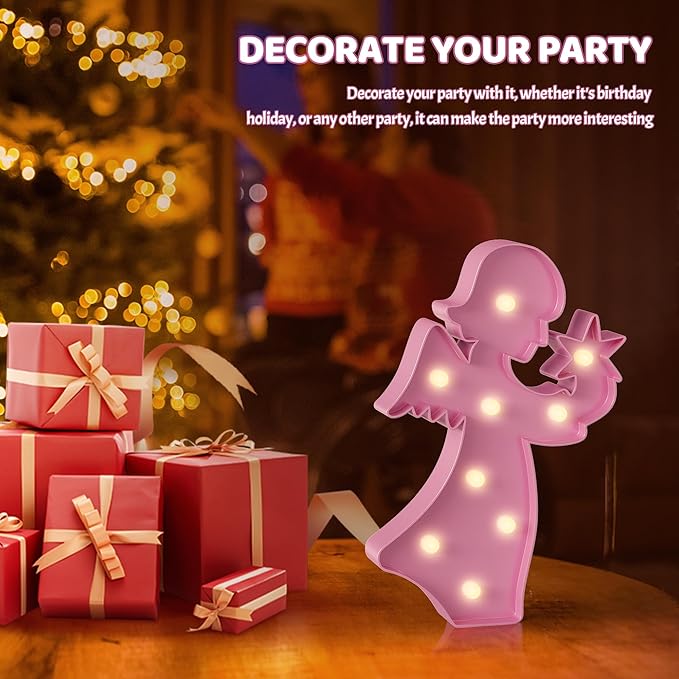 Angel Pink Party Decorations, Battery Powered Angel Night Light for Kids, Girl Birthday Party Decorations, Pink Room Decor for Girls, Pink Wall Decor for Girls Bedroom - LeafyLoom
