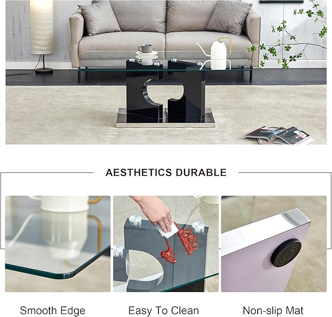 NicBex 47.2Inch Rectangular Dining Table,Modern Kitchen Table with Tempered Glass Tabletop and Black MDF Legs for 4 to 6,Practical Coffee Table,Dining Room Table for Kitchen,Meeting Living Room,Black - LeafyLoom