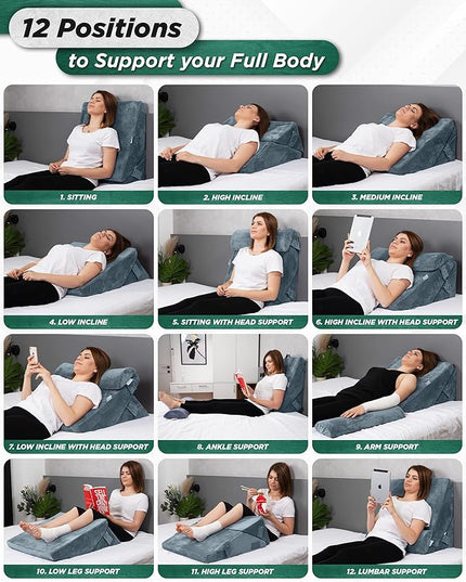 Lunix 3pcs Orthopedic Bed Wedge Pillow Set, Post Surgery Memory Foam for Back, Leg & Knee Pain Relief, Sitting Pillow, Adjustable Pillows for Acid Reflux and GERD for Sleeping, with Hot Cold Pack - LeafyLoom