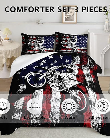 Axolotl Dirt Bike Comforter Set Twin,American Flag Bedding Set,Motocross Comforter Set,White Red Stripes Stars Comforter Set,Motorcycle Racer Comforter for Boys Kids Teens Men,1 Quilt 2 Pillowcases - LeafyLoom