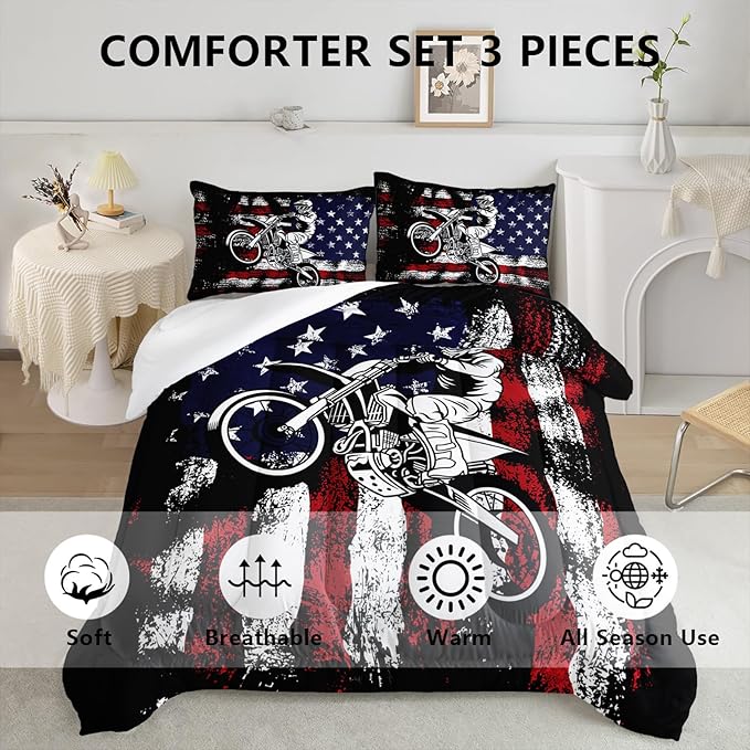 Axolotl Dirt Bike Comforter Set Full,American Flag Bedding Set,Motocross Comforter Set,White Red Stripes Stars Comforter Set,Motorcycle Racer Comforter for Boys Kids Teens Men,1 Quilt 2 Pillowcases - LeafyLoom