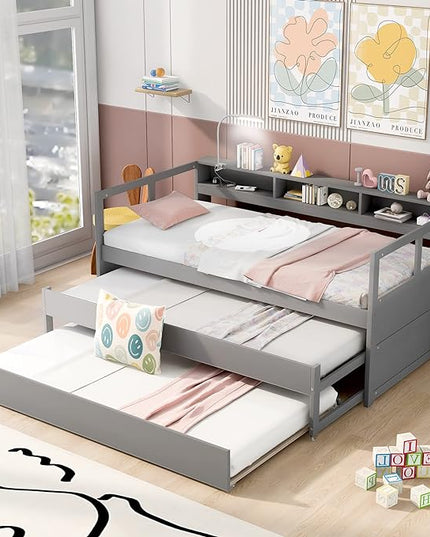 Twin XL Wood Daybed with 2 Trundles, 3 Storage Cubbies, 1 Light for Free and USB Charging Design, for Bedroom/Living Apartment/Guest-Room,Gray - LeafyLoom