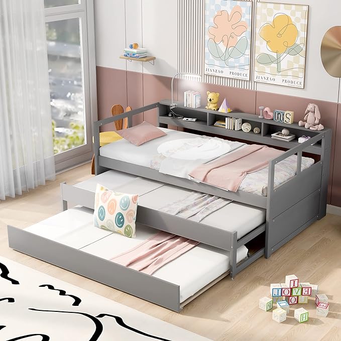 Twin XL Wood Daybed with 2 Trundles, 3 Storage Cubbies, 1 Light for Free and USB Charging Design, for Bedroom/Living Apartment/Guest-Room,Gray - LeafyLoom