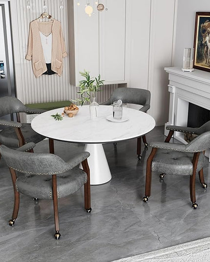 Dining Chairs with Casters and Arms, Large Rolling Dining Chairs with Wheels, Accent Wood Boss Caption's Chairs, 26" D x 25.2" W x 31.5" H, Cherry Legs & Dark Grey Fabric SY-1533-GY - LeafyLoom