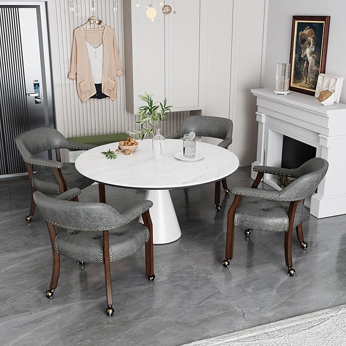 Dining Chairs with Casters and Arms, Large Rolling Dining Chairs with Wheels, Accent Wood Boss Caption's Chairs, 26" D x 25.2" W x 31.5" H, Cherry Legs & Dark Grey Fabric SY-1533-GY - LeafyLoom