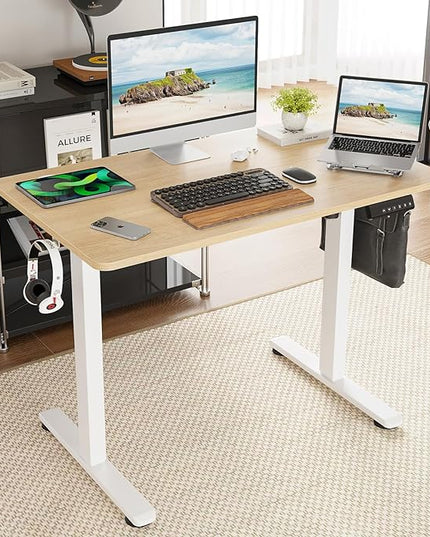 STARY Electric Memory Preset 40 x 24 Inches Adjustable Height Computer Workstation Sit Stand Home Office Desk with Splice Board, 4024, Castin Oak Desktop/White Frame - LeafyLoom