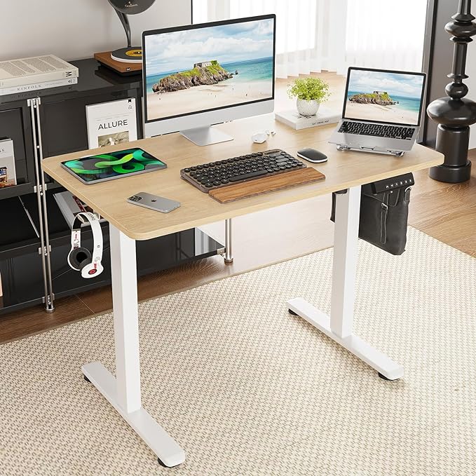 STARY Electric Memory Preset 40 x 24 Inches Adjustable Height Computer Workstation Sit Stand Home Office Desk with Splice Board, 4024, Castin Oak Desktop/White Frame - LeafyLoom