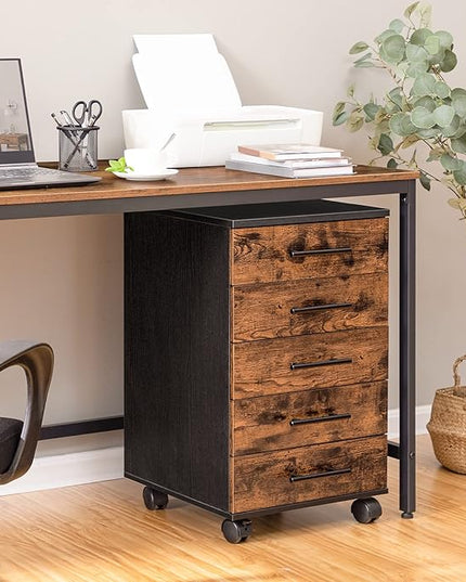 HOOBRO 5-Drawer Chest, File Cabinet, Office Cabinet, Filing Cabinet with Drawers, Wooden Cabinet with Wheels, Storage Cabinet for Makeup, for Home Office, Study, Easy Assembly, Rustic Brown BF05WJ01 - LeafyLoom