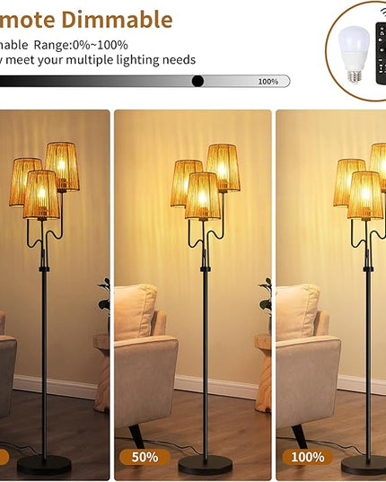 Rattan Floor Lamp for Living Room,Boho Floor Lamps Flower Standing Lamp with Remote,Dimmable Tree 3 Light Tall Lamp Farmhouse Wicker Bamboo Lamp Shade,Floor Light for Bedroom Bohemian Decor - LeafyLoom