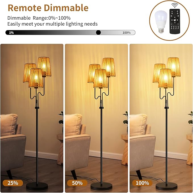 Rattan Floor Lamp for Living Room,Boho Floor Lamps Flower Standing Lamp with Remote,Dimmable Tree 3 Light Tall Lamp Farmhouse Wicker Bamboo Lamp Shade,Floor Light for Bedroom Bohemian Decor - LeafyLoom
