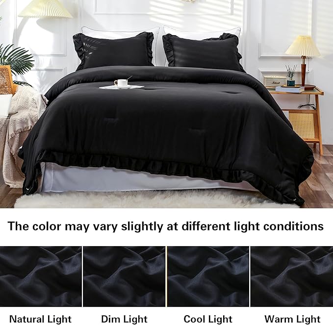 Black Double Ruffle Comforter Set Twin Size (66x90 Inch), 2 Pcs Farmhouse Vintage Comforter Set (1 Ruffled Comforter and 1 Pillowcase), Rustic All Season Down Alternative Bedding Set - LeafyLoom