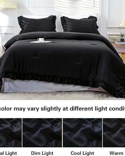 Black Double Ruffle Comforter Set Queen Size (90x90 Inch), 3 Pcs Farmhouse Vintage Comforter Set (1 Ruffled Comforter and 2 Pillowcase), Rustic All Season Down Alternative Bedding Set - LeafyLoom