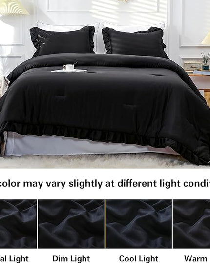 Black Double Ruffle Comforter Set Full Size (79x90 Inch), 3 Pcs Farmhouse Vintage Comforter Set (1 Ruffled Comforter and 2 Pillowcase), Rustic All Season Down Alternative Bedding Set - LeafyLoom