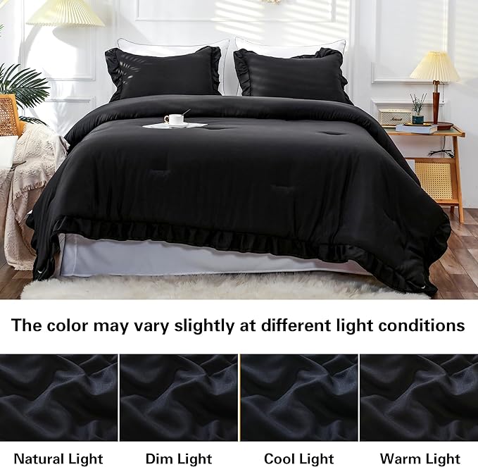 Black Double Ruffle Comforter Set Full Size (79x90 Inch), 3 Pcs Farmhouse Vintage Comforter Set (1 Ruffled Comforter and 2 Pillowcase), Rustic All Season Down Alternative Bedding Set - LeafyLoom