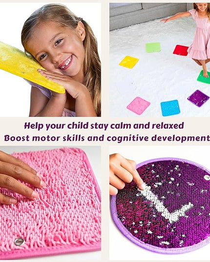 Sensory Mat Set - 9 Square 8.6-Inch Sensory Tiles for Sensory Wall, Floor & More - Mixed Colors & Textures Provide Fun Play-Based Learning for Kids Ages 3-8 - Includes Sensory Maze & Storage Bag - LeafyLoom