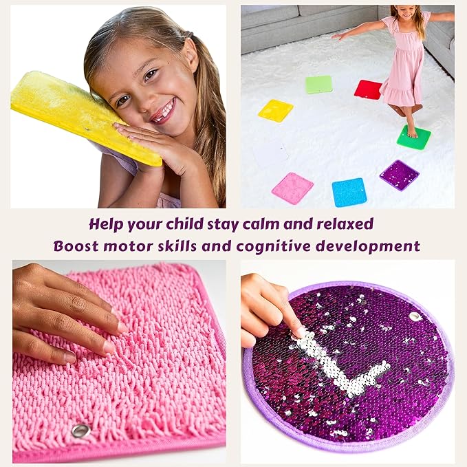 Sensory Mat Set - 9 Square 8.6-Inch Sensory Tiles for Sensory Wall, Floor & More - Mixed Colors & Textures Provide Fun Play-Based Learning for Kids Ages 3-8 - Includes Sensory Maze & Storage Bag - LeafyLoom