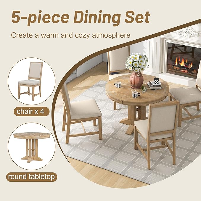 NicBex Small Kitchen Table Set for 4 Round Dining Table Farmhouse Dining Set 5-Piece Dining Set Extendable Round Table and 4 Upholstered Chairs for Kitchen, Natural Wood Wash - LeafyLoom