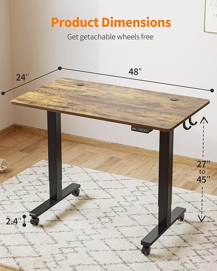 Cubiker Standing Desk 48 x 24 Inch, Stand up Height Adjustable Desk, Home Office Electric Table, Sit Stand Desk with Splice Board, Black Frame & Rustic Brown Desktop - LeafyLoom