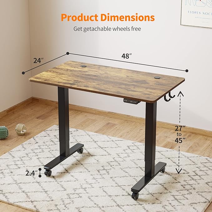 Cubiker Standing Desk 48 x 24 Inch, Stand up Height Adjustable Desk, Home Office Electric Table, Sit Stand Desk with Splice Board, Black Frame & Rustic Brown Desktop - LeafyLoom