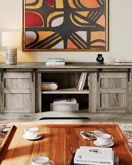 oneinmil TV Stand for 65” TV, Entertainment Center with Storage Cabinets and Sliding Barn Doors, Rustic Media TV Console Table for Living Room, Bedroom, Grey - LeafyLoom