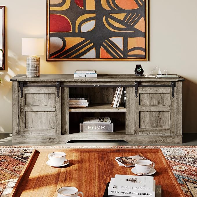 oneinmil TV Stand for 65” TV, Entertainment Center with Storage Cabinets and Sliding Barn Doors, Rustic Media TV Console Table for Living Room, Bedroom, Grey - LeafyLoom