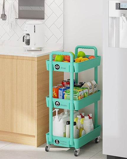 3-Tier Storage Cart,Multifunction Utility Rolling Cart Kitchen Storage Organizer,Mobile Shelving Unit Cart with Lockable Wheels for Bathroom,Laundry,with Classified Stickers,Green - LeafyLoom